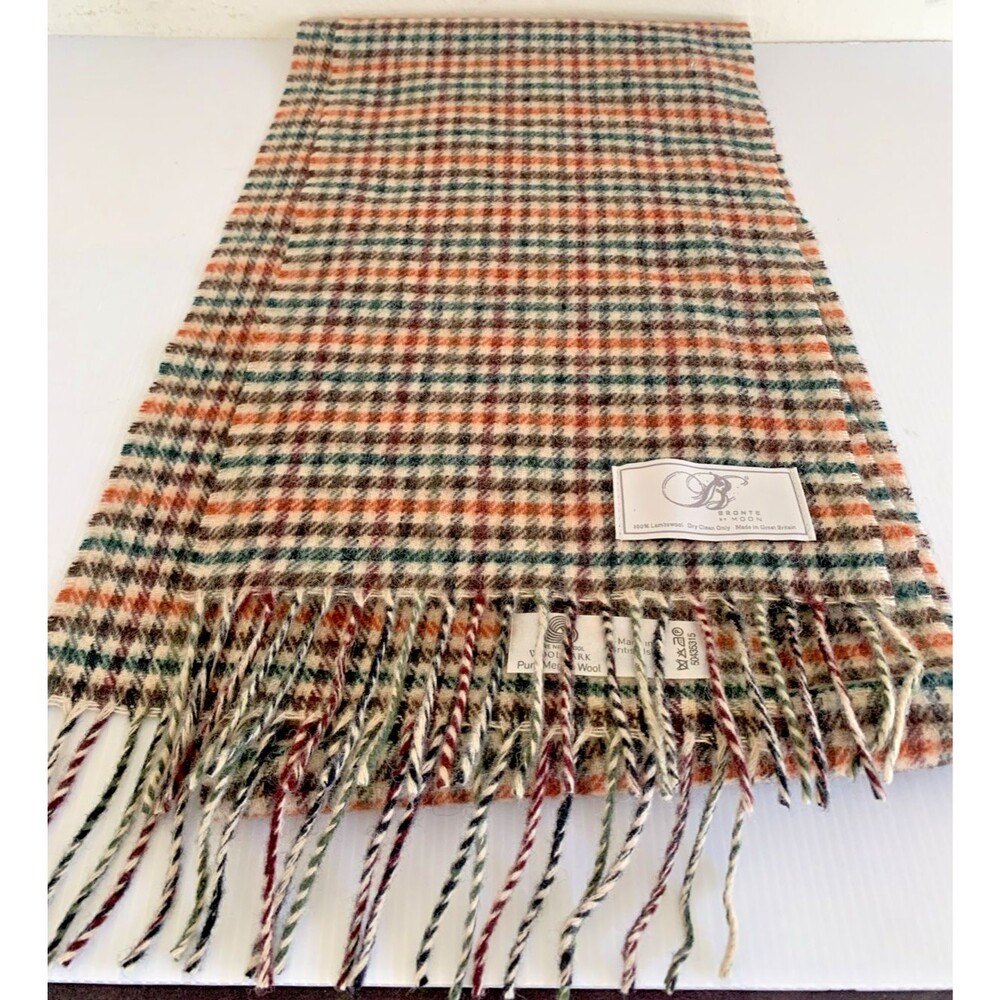 Bronte by Moon Scarf 100% Merino Wool Plaid Houndstooth Green Orange Britain 72"